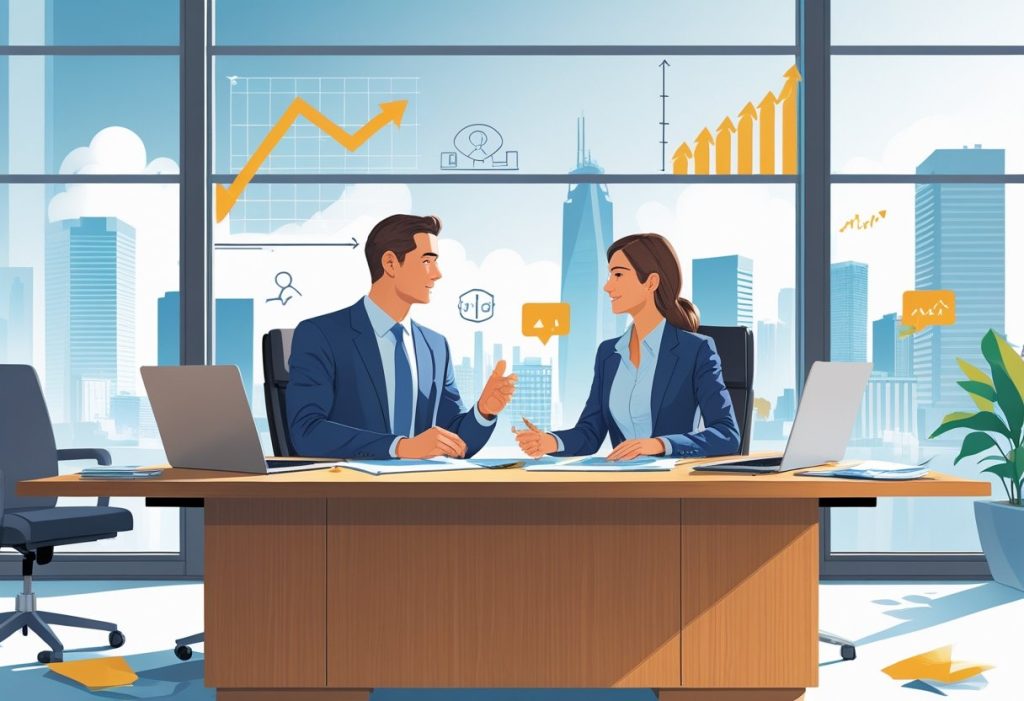 Dwóch biznesmenów rozmawia przy biurku w gabinecie prezesa z widokiem na miasto, omawiając strategie sprzedaży.